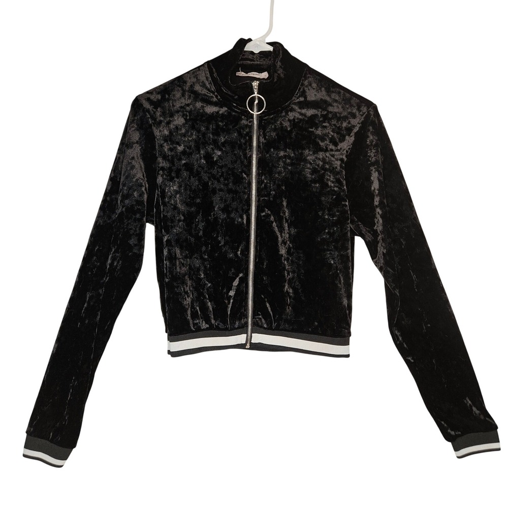 Crushed‎ Black Velvet Cropped Bomber Track Jacket Sm Athleisure K-Pop Whimsigoth